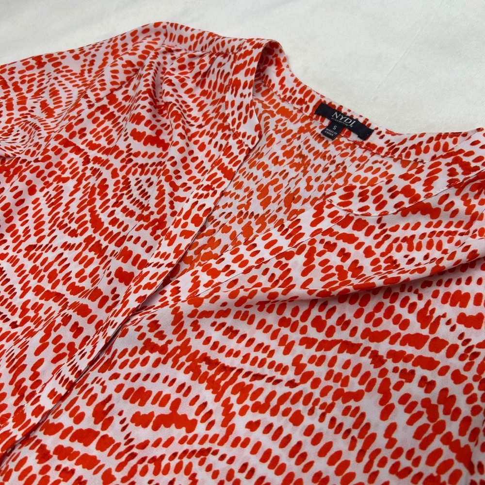 NYDJ Womens Orange White Abstract Dot Print V-Neck Pleated Blouse Top Small